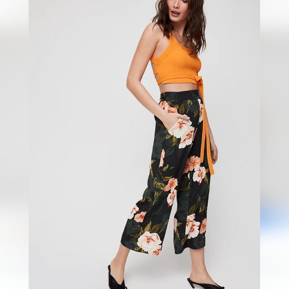 Aritzia Black Wide-Leg Floral Pants with Peach & Green Print